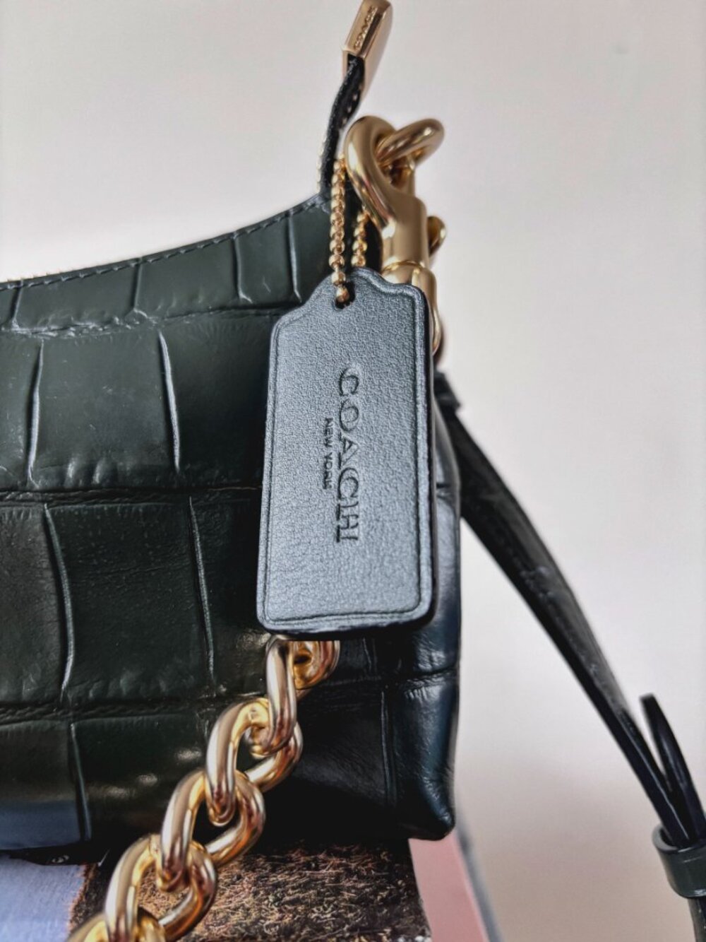 Coach Charlotte Shoulder Bag Dark Green Croc Embossed Leather Gold Chain LikeNew - Picture 2 of 8